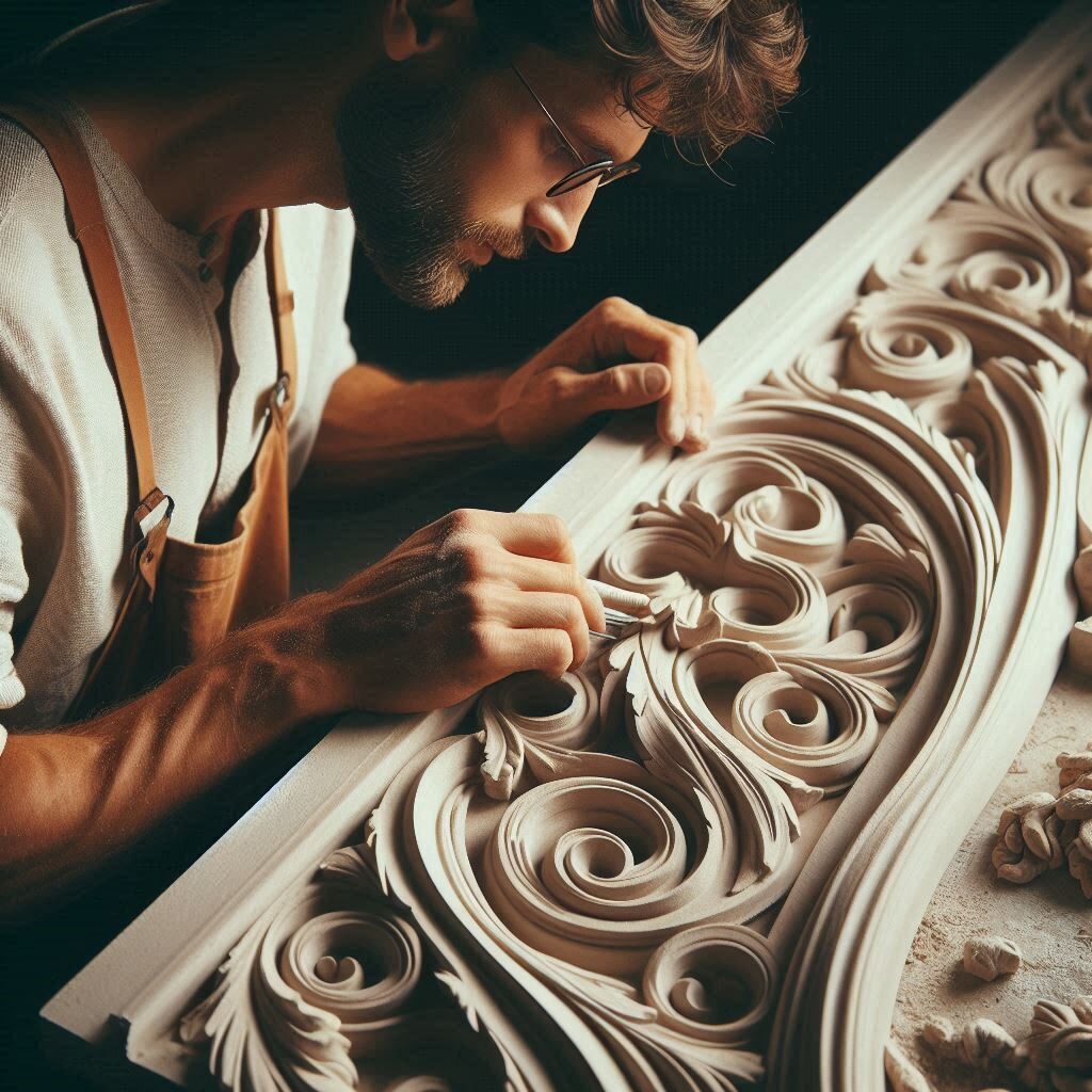 Artisan qualifié créant des moulures en plâtre complexes, démontrant le savoir-faire et l'attention aux détails dans la création d'éléments décoratifs.